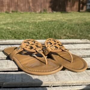 Tory Burch Miller Tan/Sand/Brown Leather Sandal Sz 8.5 Thong Flip Flop Designer
